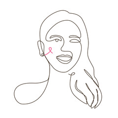 Line art of close up of a long hair young woman face with a big smile and pink breast cancer awareness ribbon. Happy confident strong carefree.
