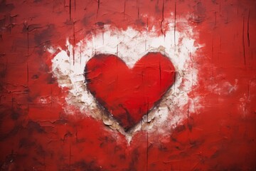 A red heart graffiti painted on a red old red wall on the street. Valentines Day postcards concept