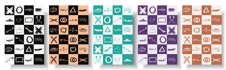 Set Seamless pattern with Doodle Hand Drawn elements on trendy Geometric checkboard background. Doodle brush collection. Arrow, geometry shape and underline. Vector illustration. EPS 10