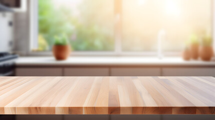 Fototapeta na wymiar Empty beautiful wood table top counter and blur bokeh modern kitchen interior background in clean and bright,Banner, Ready for product montage. Generative AI illustration 