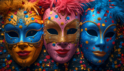 Obraz premium Three Elegant Carnival masks different colors with glitters and serpantines on table. Festival, theatre concept. Festive banner