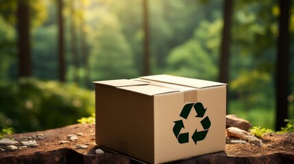 illustration of a recycled cardboard box with recycle logo with green forest background - obrazy, fototapety, plakaty