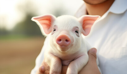 Obraz na płótnie Canvas photo of happy Farmer holding piglet in field, closeup.