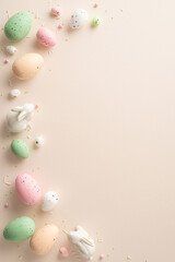 Bunny Bliss Arrangement: Vertical top view of vibrant Easter eggs, charming ceramic bunnies, and sugar sprinkles on a soft pastel surface—ideal for adding your text or promotional content