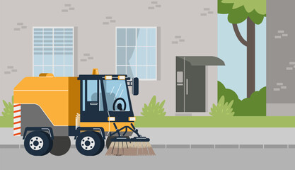 Sweeper truck machines clean wash urban street asphalt, remove garbage, vector street cleaning industry service cars