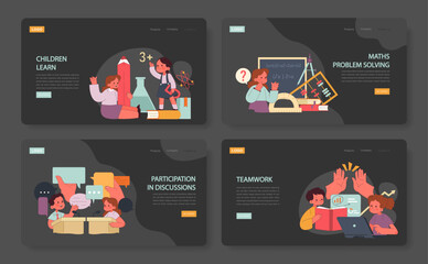 Children learn web or landing set. Elementary school classes. Kids engaging in studies, discussions, and creative play. Multidisciplinary academic knowledge gaining. Flat vector illustration © inspiring.team