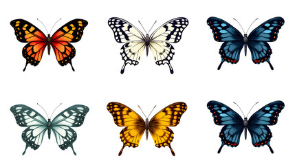 Six butterflies set on isolated white background