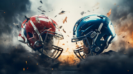 Two football helmets crashing into each other. The concept of rivalry among two teams in American football