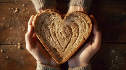 Female hands holding heart shape bread on dark wooden table