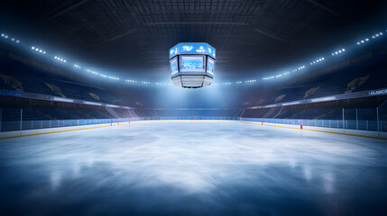 Ice Hockey stadium, empty sports arena and ice rink, cold background with bright lighting