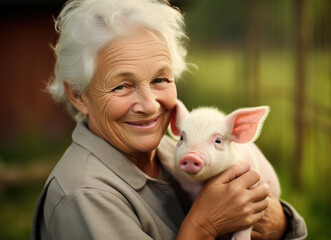 photo of happy senior female Farmer holding piglet in field, closeup.
