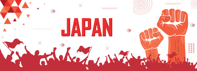 People cheer for Japan, national flag color combination patriot banner, red geometric abstract background, raised fist, human hand, national celebration, strike, parade, riot, protest or rally - obrazy, fototapety, plakaty