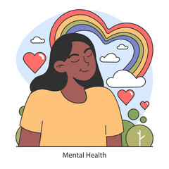 Dopamine fasting concept. A serene woman with a rainbow and hearts symbolizing emotional well-being and mental health. Nurtures positivity and love. Flat vector illustration.