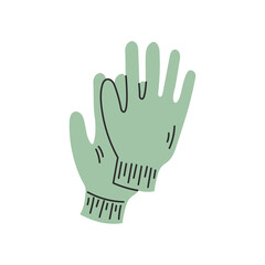 Pair of green gloves in doodle style. Protective accessory for gardening and farming. Hand drawn vector illustration on white background