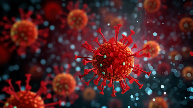 a magnified view of the SARS-CoV-2 BA.2.86 variant. The virus is depicted as a spherical structure with red spikes protruding from its surface