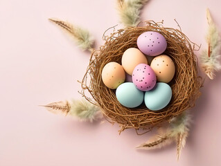Group of colorful painted Easter eggs in a nest on isolated background - ai generative