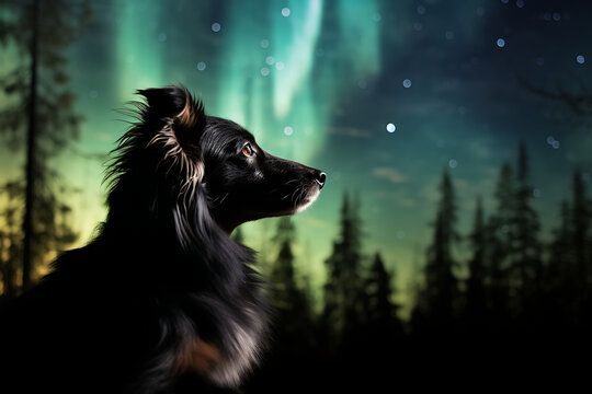 Dog under arora borealis, northern lights