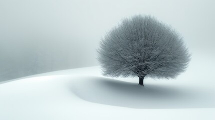 Inspirational photo background of  a single tree on a calm cold and misty lake with reflections in the water creating a dreamy, ethereal atmosphere. Generative AI