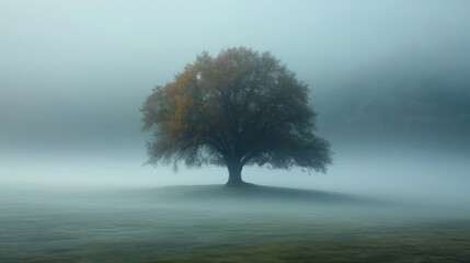 Inspirational photo background of  a single tree on a calm cold and misty lake with reflections in the water creating a dreamy, ethereal atmosphere. Generative AI