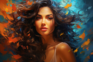A mesmerizing digital portrait of a beautiful woman, the bright and vivid impressionistic colors blending seamlessly to form a wavy and dynamic oil-inspired masterpiece, presented
