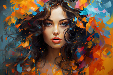 A contemporary digital masterpiece featuring a woman with dynamic wavy hair, painted with vibrant and expressive impressionistic colors, creating a visually captivating oil-inspire