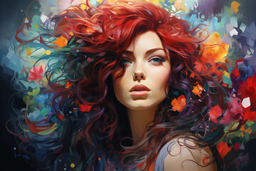 Naklejka premium An artistically rendered digital masterpiece featuring a woman with cascading wavy locks, painted with bright and vivid impressionistic strokes, creating a visually captivating oil