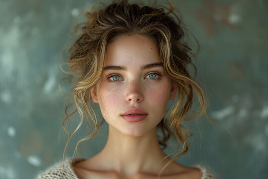 A vibrant and youthful portrait capturing the essence of a young, beautiful girl in her student age, posed against a seamless plain background, radiating confidence and charm in a