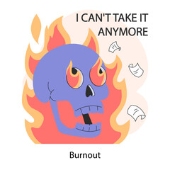 Professional burnout. Skull on fire. Work-life disbalance, burning deadline and stress, job pressure. Flat vector illustration