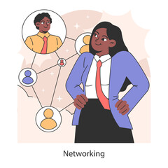 Networking. Female business character building professional connections and expanding business circles. Confident individual engaging with a diverse network. Flat vector illustration.