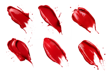 Red Lipstick smear smudge swatch isolated on transparent background cutout, PNG file. Cream makeup texture. Red Shades colour cosmetic product brush stroke swipe sample