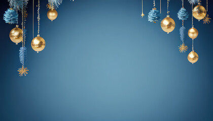 Christmas blue background decorated with balls, garlands. New Years abstract pattern with copyspace