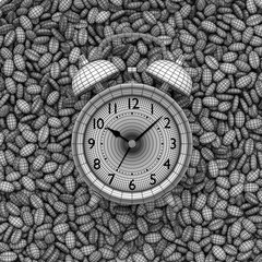 Vintage alarm clock with roasted coffee beans spread out on white background.