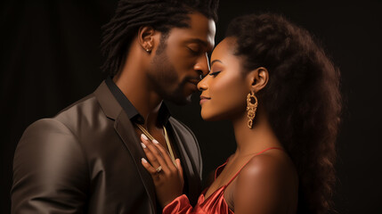 A lovely straight African American couple sharing a kiss and gazing into each other's eyes. genuine, passionate love. a man and a woman beside one another. alone against a white backdrop
