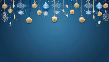 Christmas blue background decorated with balls, garlands. New Years abstract pattern with copyspace