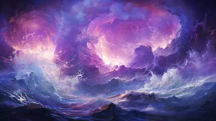 Tuinposter depicted in majestic sea settings, roaring waves, towering shining presences, stormy weather, dramatic lighting © Adja Atmaja