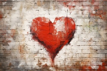 Red heart graffiti painted on a old white brick wall on the street. Valentines Day postcards concept