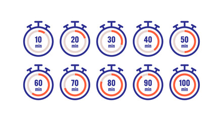 orange, navy blue stopwatch set. ten step stopwatch design. stopwatch concept for business, education, sports world