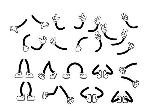 Lively Retro Cartoon Limbs In Retro Style. Vector Hands With Four Plump Fingers Each, Wearing White Gloves, And Legs