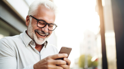A white-haired young man looking at the smartphone and laughing closeup.