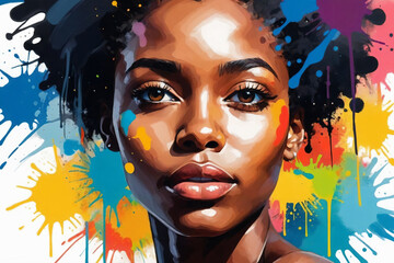 An abstract painting illustration portrait of a handsome young black female person, colorful splashes © Giuseppe Cammino