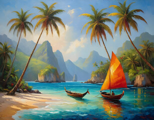 Fototapeta na wymiar A Tropical Paradise: Beautiful Beach with Coconut Palm Trees and Clear Blue Ocean