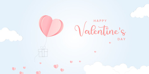 Valentine's Day postcard with paper flying elements and gift box on white sky background. Romantic poster.  greeting card design.
