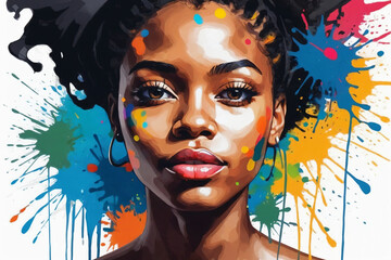 An abstract painting illustration portrait of a handsome young black female person, colorful splashes