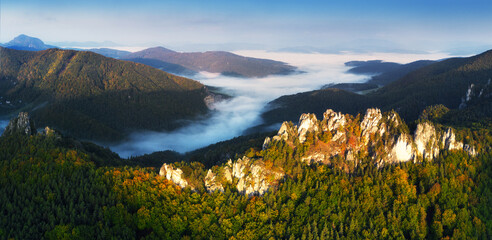 Slovakia - Sulov, aerial mountain forest panorama with fog