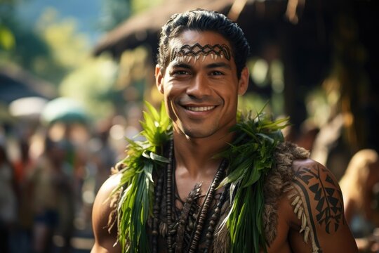 Portrait Of A Polynesian Man From The Pacific Island Of Tahiti. French Polynesia