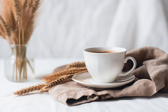 A white coffee cup on a rustic wooden table exuding the rich aroma of fresh coffee.