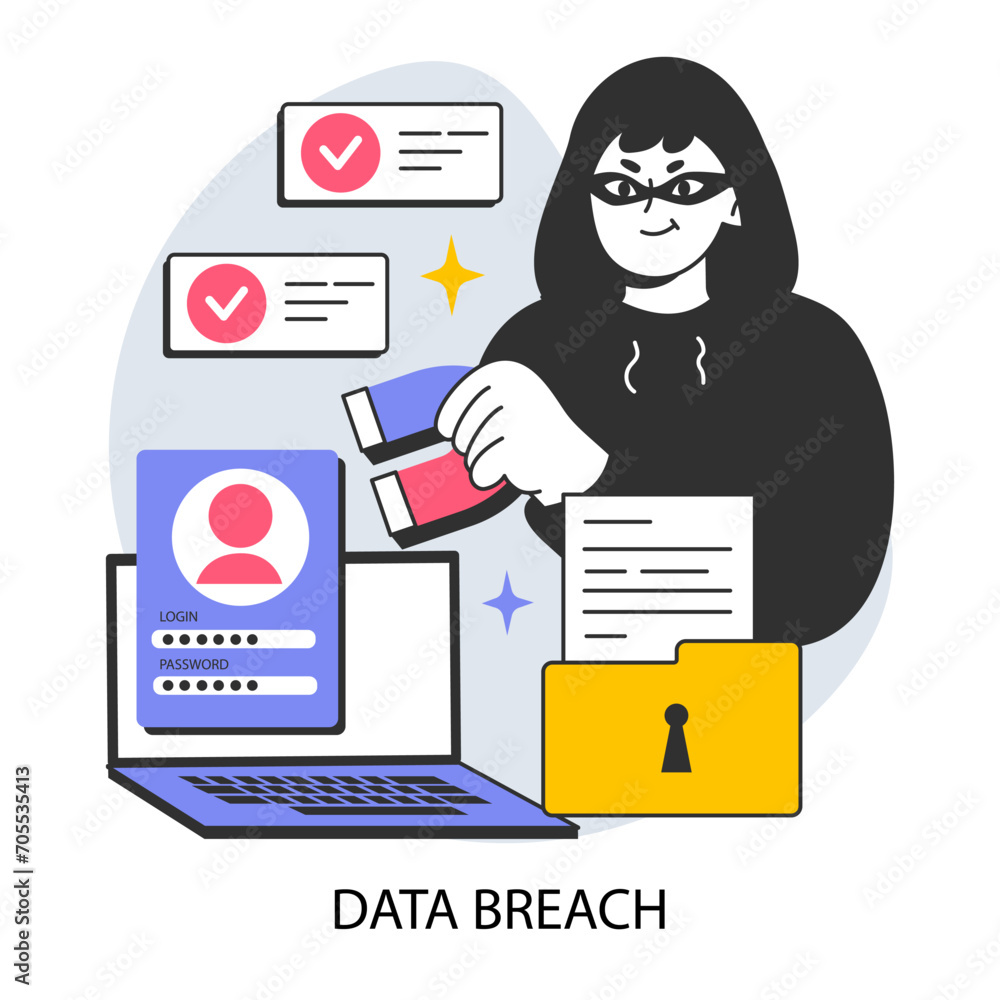 Poster data breach or leak. confidential information database breakout. cybersecurity threat. hacker got ac