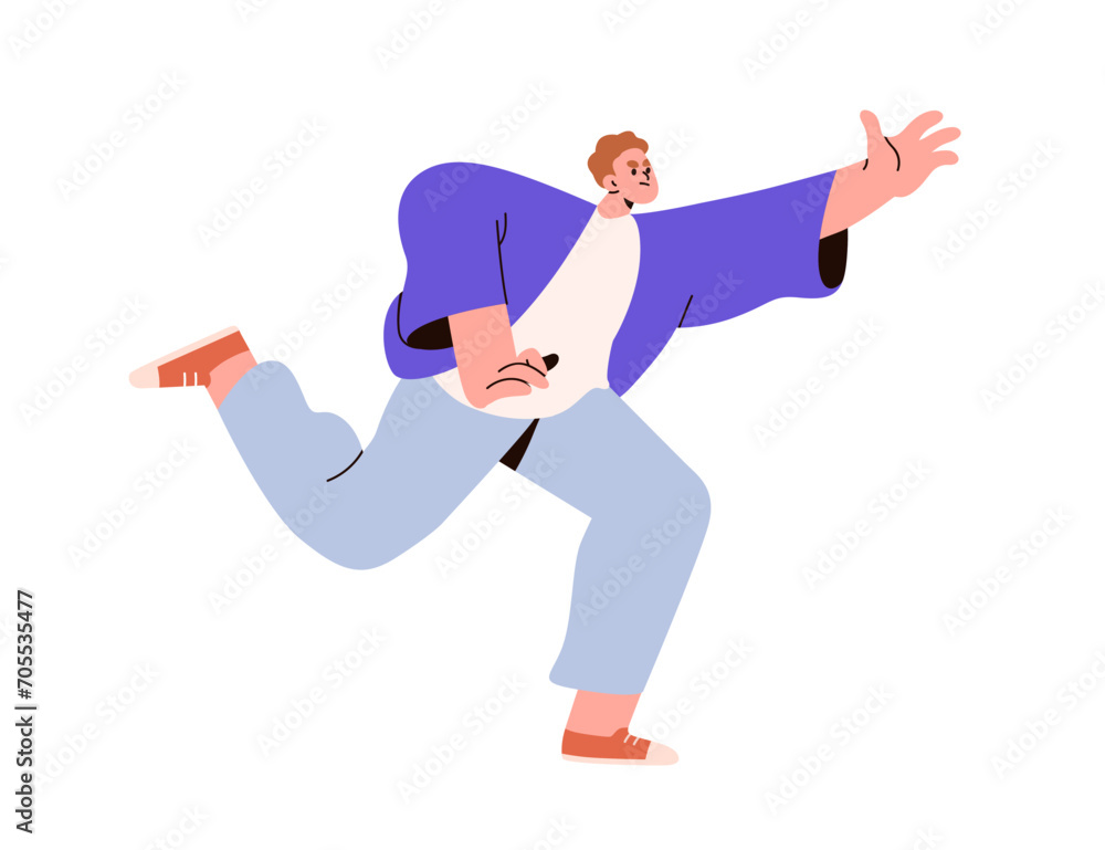 Aufkleber determined character running forward to aim, goal. angry serious man rushing on urgent business. amb