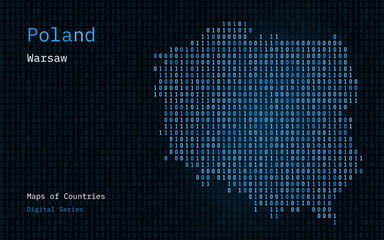 Poland Map Shown in Binary Code Pattern. Blue Matrix numbers, zero, one. World Countries Vector Maps. Digital Series