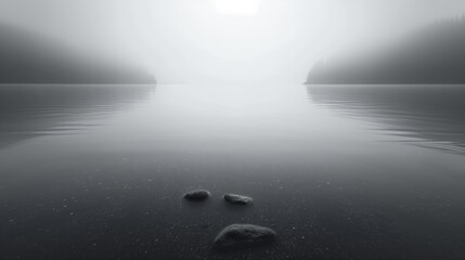 Inspirational photo background of a calm misty lake with sunset reflections in the water creating a dreamy, ethereal atmosphere. Generative AI